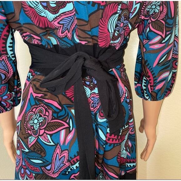 BISOU BISOU Women's Dress Black w/ Floral Pattern Size sm tie waist geometric - Picture 5 of 11